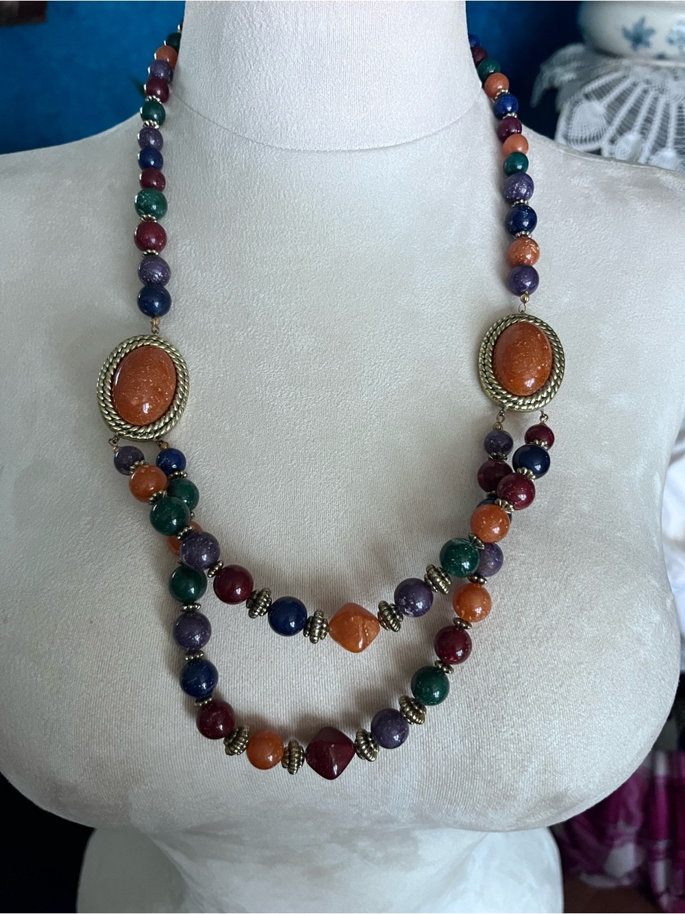 Vintage Style Double Strand Multicolor Beaded Statement Necklace Gold Tone